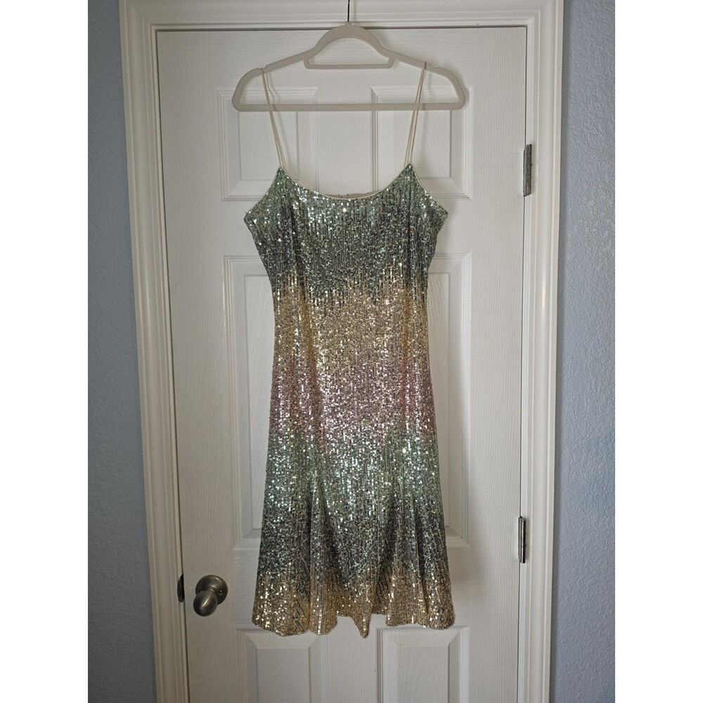 Badgley Mischka Natalie Dress Mint Sequin Multi Fit Flare Spaghetti Strap 12